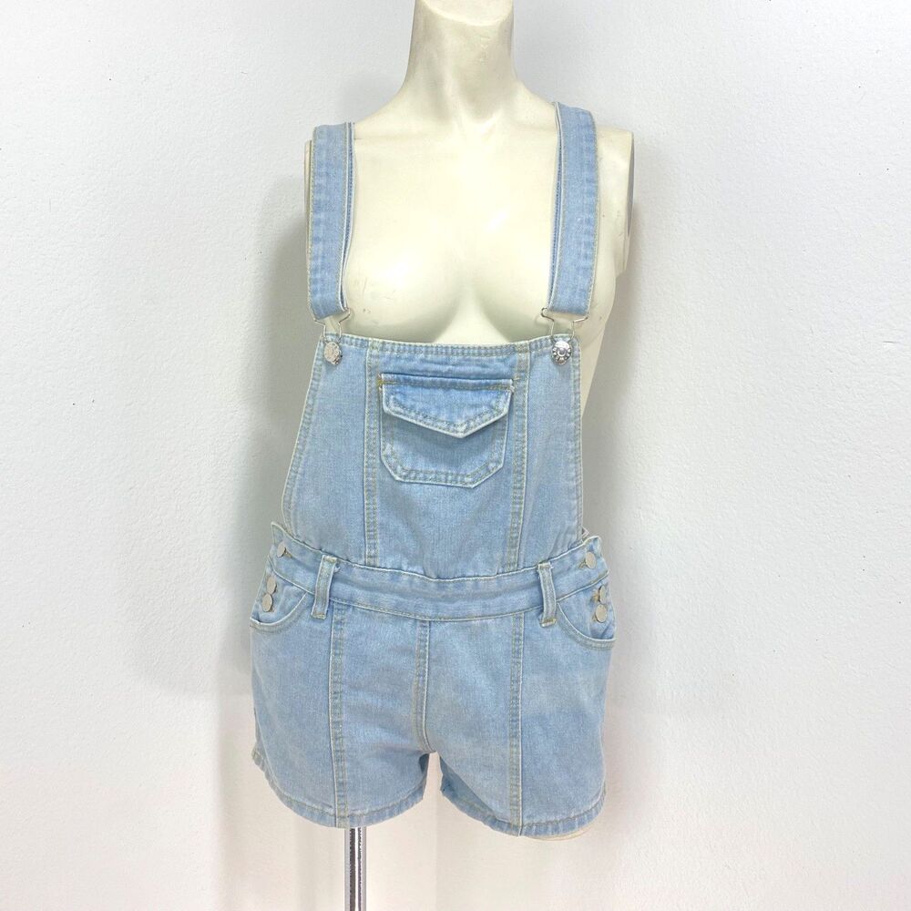 Jeans Wear Bib Overall Denim Shorts Youth Large Light Wash Suspenders Pockets
